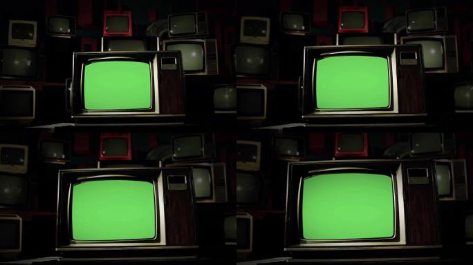 老式电视绿屏与许多1980S电视。多莉开枪了。绿色调。
