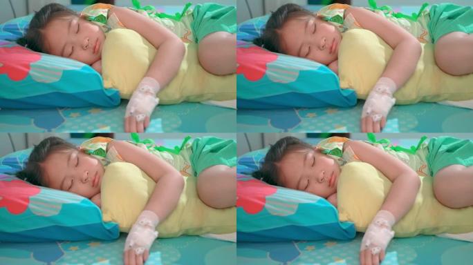 SLO MO生病的孩子在医院睡觉，用静脉滴注手