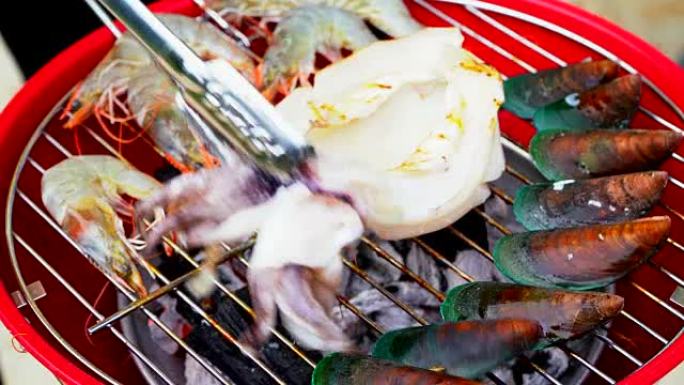 烧烤，海鲜在度假营地烤虾和螃蟹。