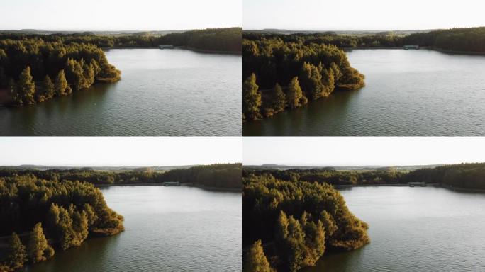 华丽宁静的自然，在壮丽宁静的日出期间，无人机在平静的秋湖上空飞向绿色森林。