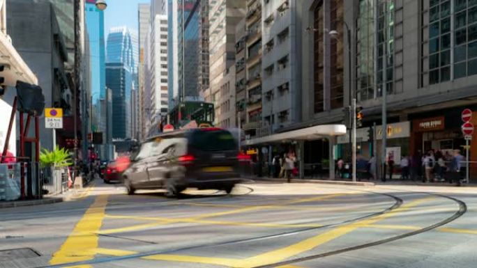 延时: 香港市中心上环西市海鲜干货和补品美食街的行人和运输背景