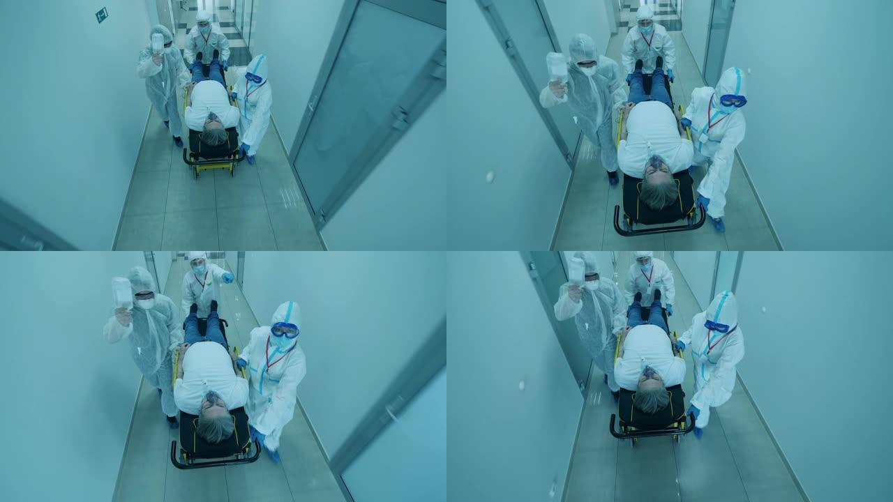 一群护理人员正在推着一张桌子，上面有一个病人