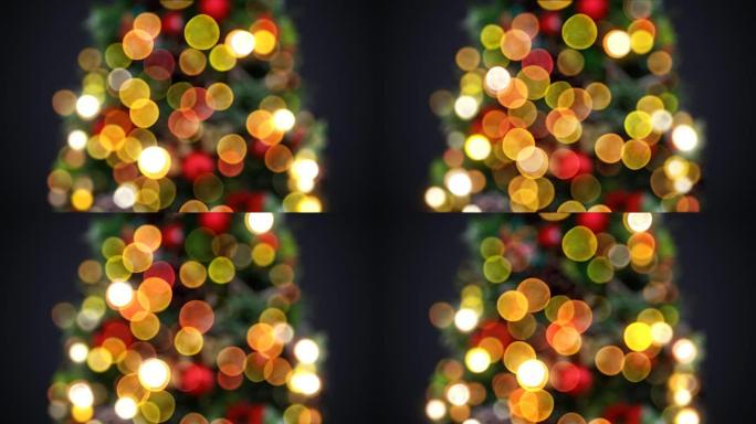 散焦的新年树灯在黑色背景上无缝闪烁。循环3d动画。圣诞快乐，新年快乐。