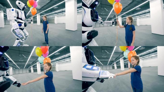 机器人将气球和手交给存储单元中的女孩