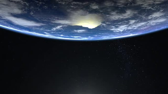 地球正在接近。屏幕上的星球在顶部。从太空看。星星闪烁。4K.日出。现实的氛围。