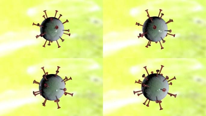 冠状病毒新型冠状病毒肺炎细胞。大流行。红色的尖刺病毒细胞旋转并缓慢接近。在黄色背景上。4K. 3D动