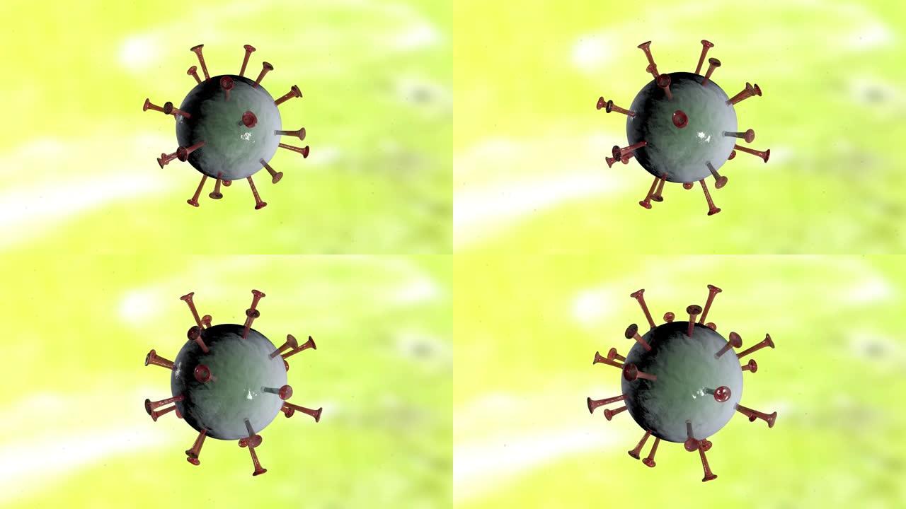 冠状病毒新型冠状病毒肺炎细胞。大流行。红色的尖刺病毒细胞旋转并缓慢接近。在黄色背景上。4K. 3D动