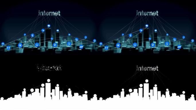 向前移动，智能城市上的各种物联网传感器图标，连接 “互联网” 的智能建筑。4k。