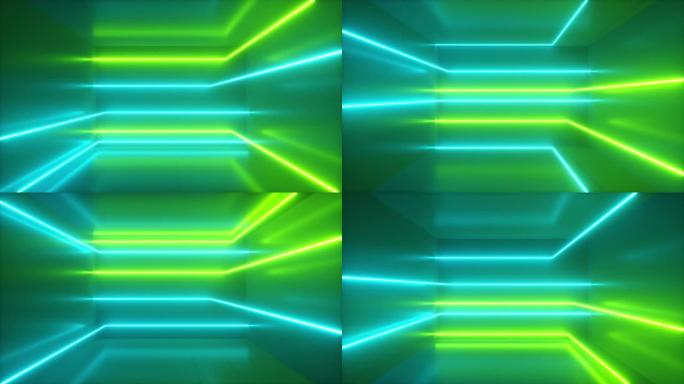 抽象背景，运动的霓虹灯，室内的夜光线，荧光紫外线，蓝绿色光谱，循环，无缝循环3d渲染