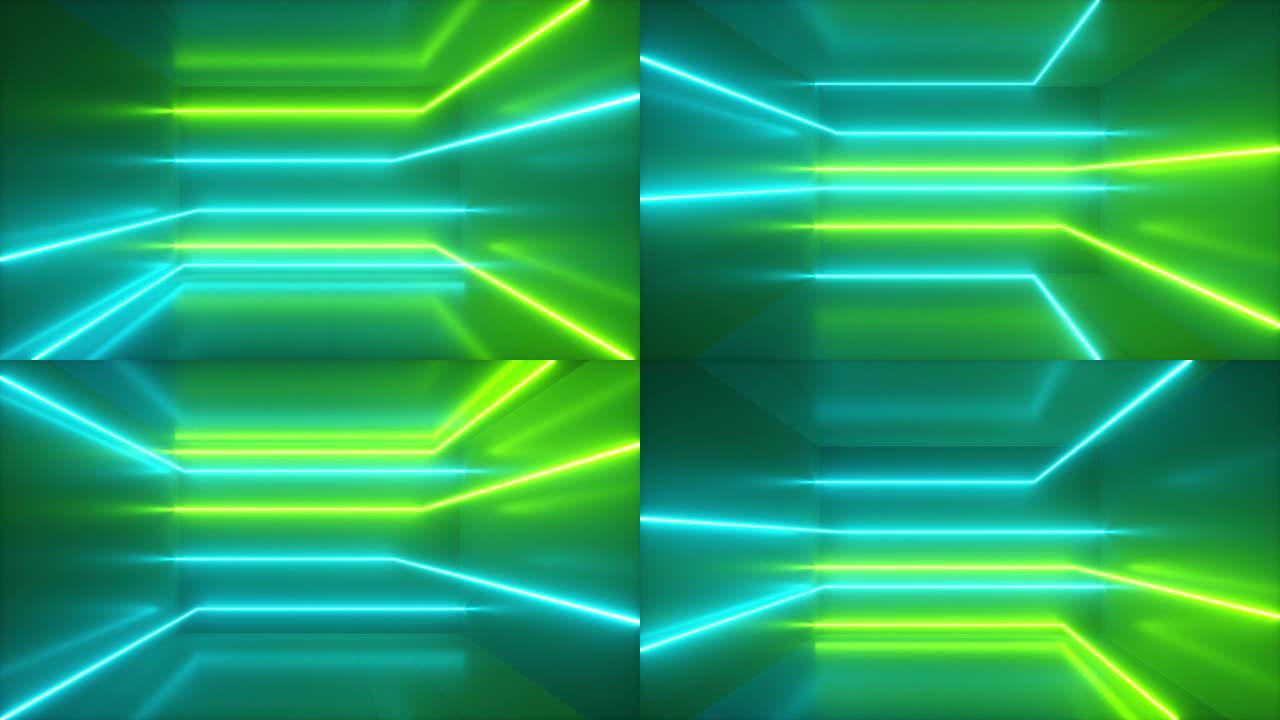 抽象背景，运动的霓虹灯，室内的夜光线，荧光紫外线，蓝绿色光谱，循环，无缝循环3d渲染