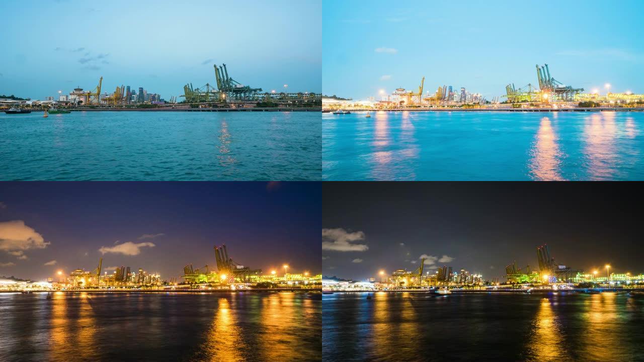 新加坡的港口日转夜延时城市经济发展繁忙景