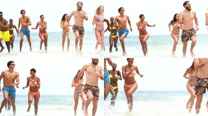 一群混血朋友在沙滩上一起奔跑4k