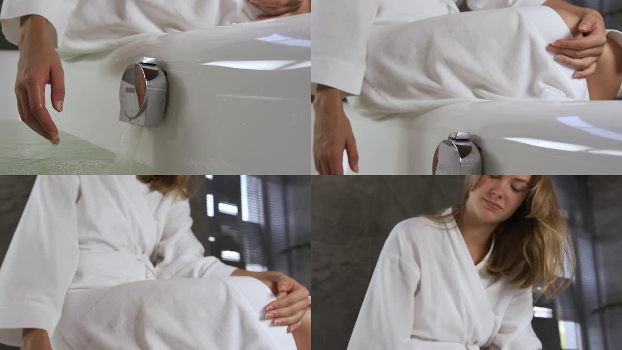 高加索妇女在酒店测试沐浴温度