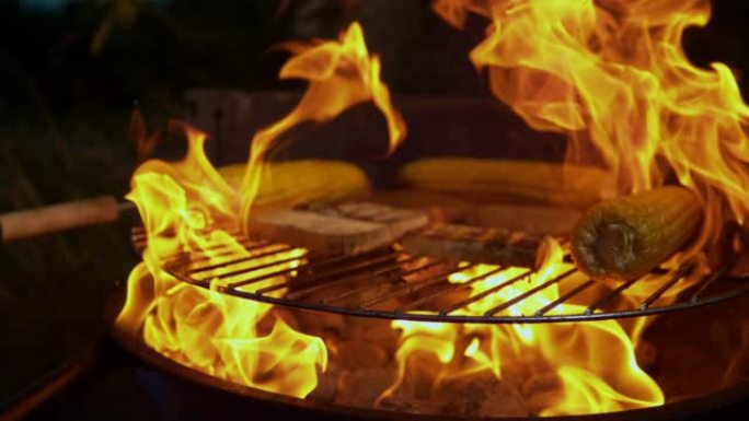 慢动作: 火焰从烧烤架上的热木炭和烤肉中冒出。