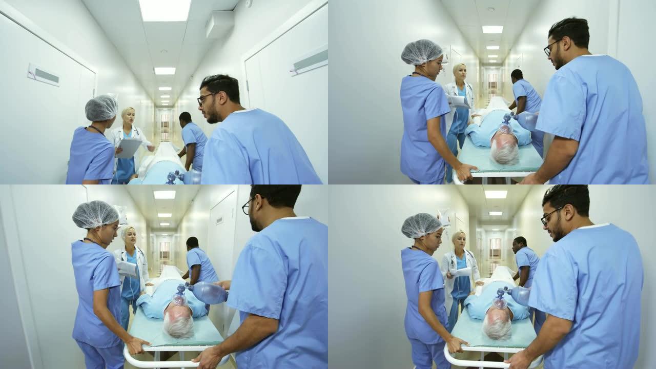 医生和护士将病人赶到急诊室