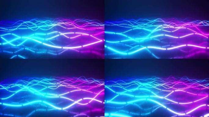 由亮线制成的未来派霓虹灯发光表面。抽象运动背景。紫外信号光谱、激光显示、能量、声音振动和波。无缝循环
