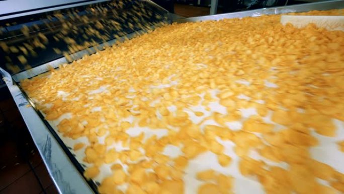 食品生产设施中现代输送机上的新鲜薯片。