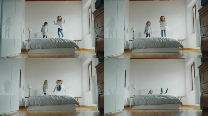 皮皮亚玛和粉色短裙小女孩在床上跳跃的真实照片