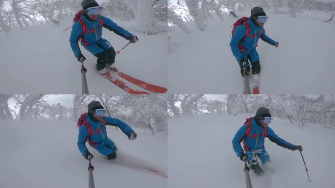 慢动作: 两名男性游客在树间滑雪时雕刻粉雪。