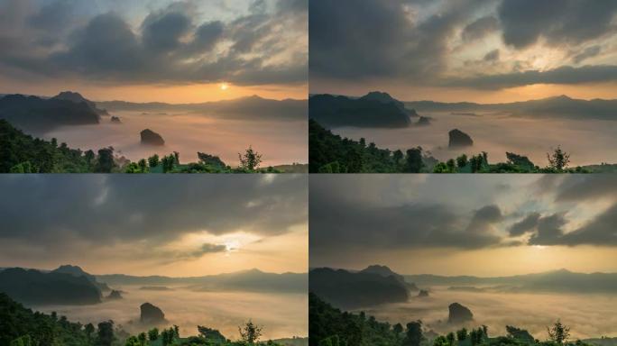 泰国帕尧省Phulangka日出时，奇幻景观的时间流逝伴随着山雾的流动。4k剪辑