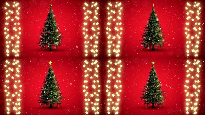 红色背景上的圣诞树和童话灯串