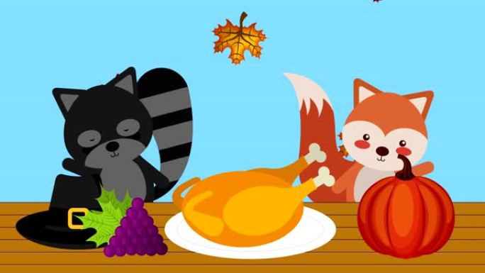 浣熊和狐狸的感恩节快乐庆祝活动
