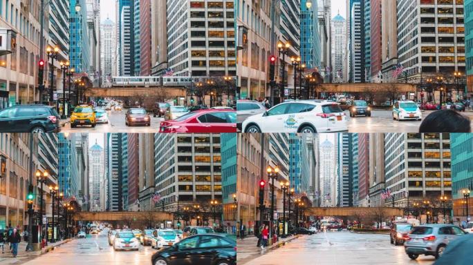 高峰时段芝加哥街与交通路口的时间流逝