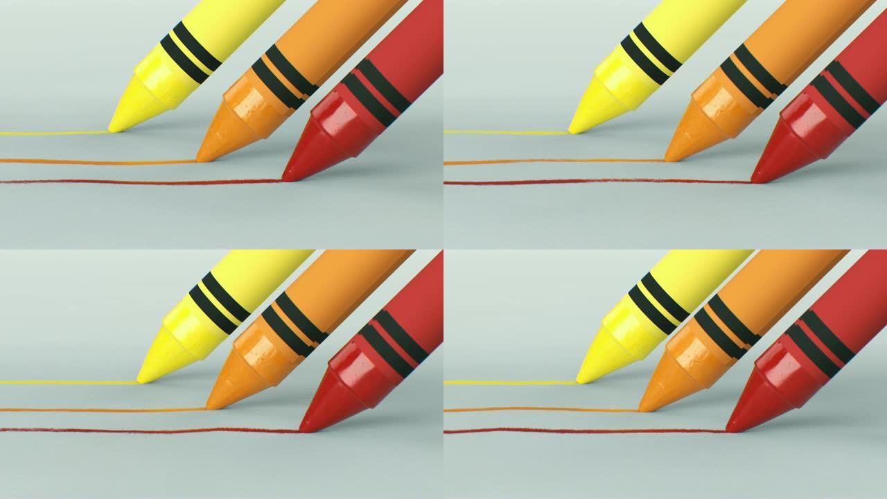 三个蜡笔在清晰的纸上画线是特写的。循环3d动画。抽象的写作和绘画过程。艺术和设计概念。