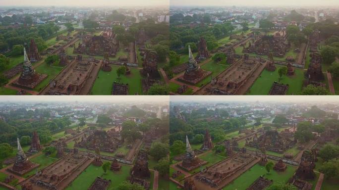 Wat Mahathat的鸟瞰图是一座佛教寺庙，是泰国大城府世界遗产历史公园的一部分