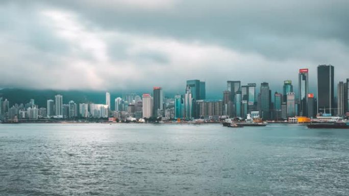 香港维多利亚港高楼大厦阴天乌云漂浮
