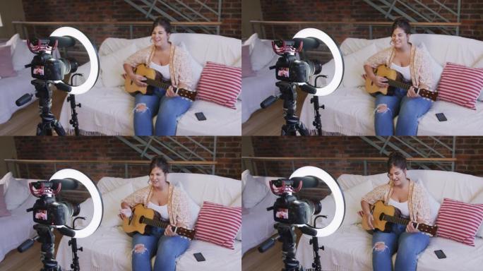高加索vlogger女人在家做音乐视频
