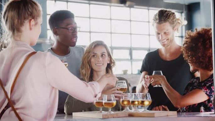 服务员服务朋友小组在酒吧聚会，参加啤酒品尝活动-慢动作拍摄