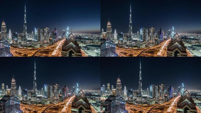阿联酋迪拜夜间/迪拜天际线的T/L平底锅高角度视图