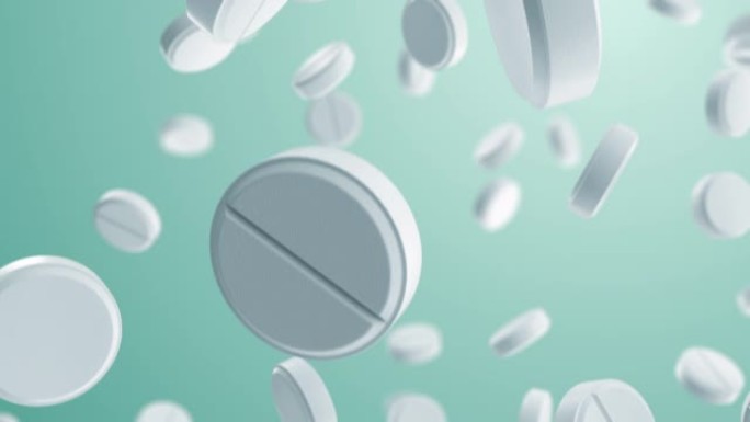 白色圆形药丸无缝下落。毒品的循环3d动画落在浅色背景上。医药和医药商业概念。