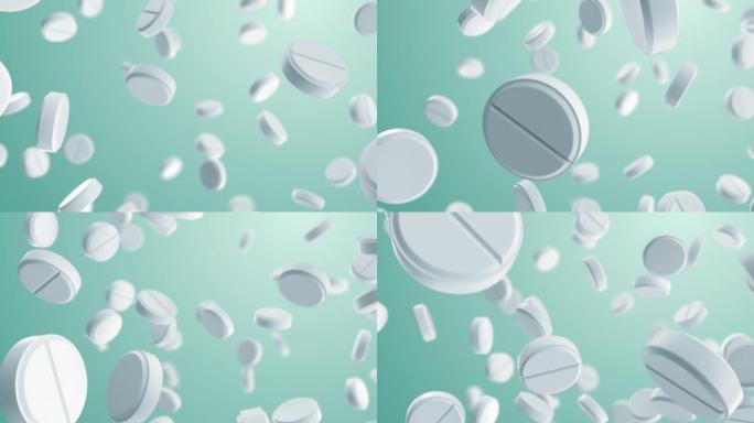 白色圆形药丸无缝下落。毒品的循环3d动画落在浅色背景上。医药和医药商业概念。