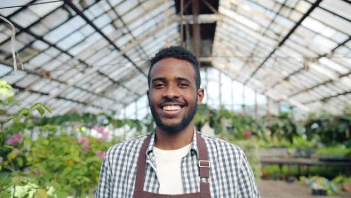 园丁非裔美国人的肖像带着一盒植物走在温室里