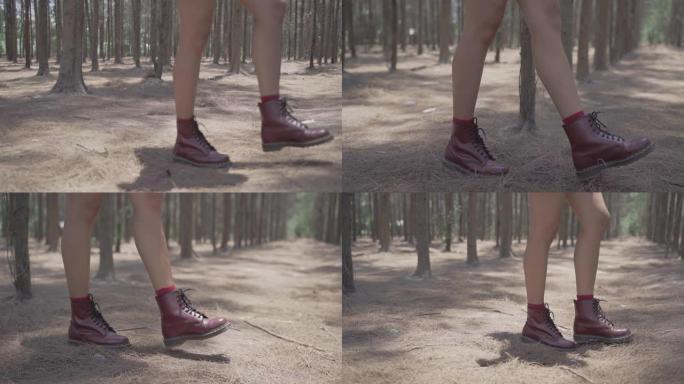4k分辨率特写脚女人走在森林里