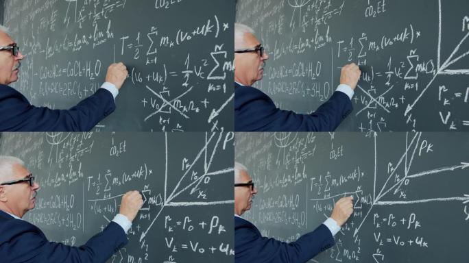 老年大学教师肖像在黑板书写上的下划线公式