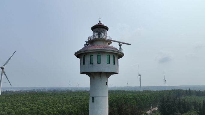 航拍海南海边瞭望台 风力发电 能源