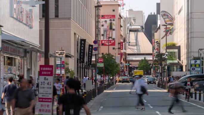 日本福冈市区天神的延时游客拥挤和交通
