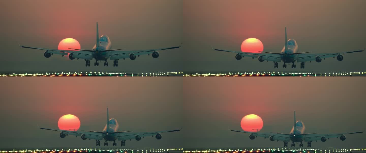 4K飞机起飞近景飞机场跑道夕阳逆光实拍