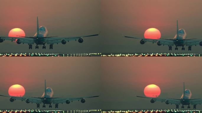4K飞机起飞近景飞机场跑道夕阳逆光实拍
