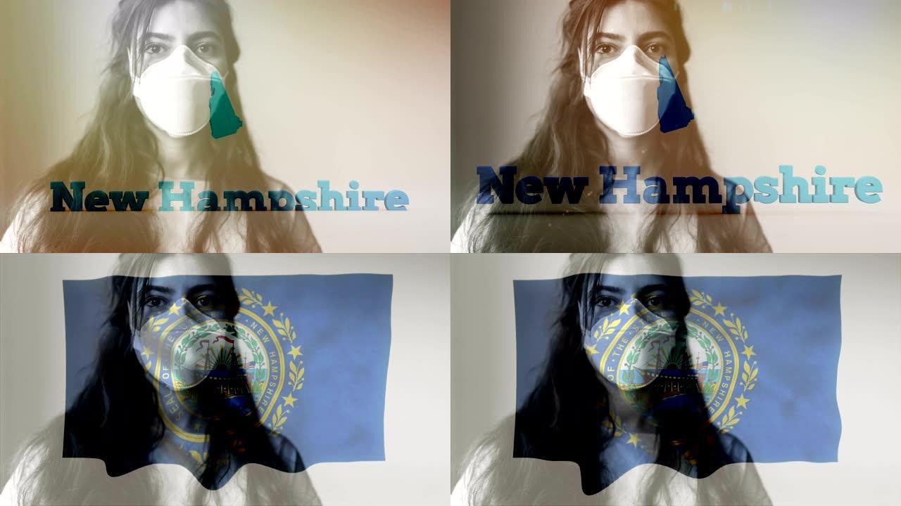 冠状病毒2019-nCov新型冠状病毒概念运动背景，耐心佩戴防护口罩，美国地图和旗帜覆盖。
