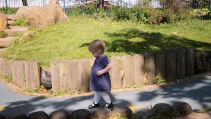公园里兴奋的婴儿金发孩童学走路阳光下