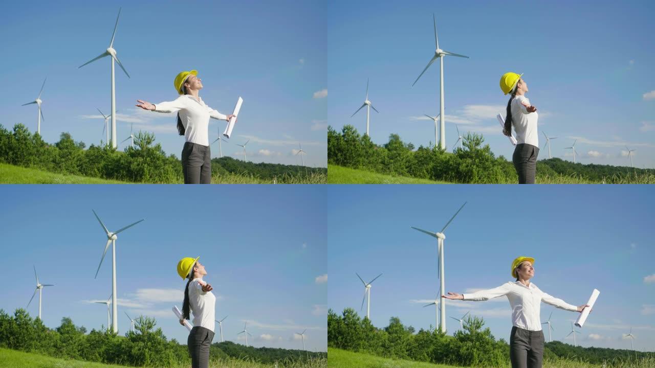 工程师控制风力涡轮机的功能，这些风力涡轮机由于风力而运行，并可持续地向地球发电。