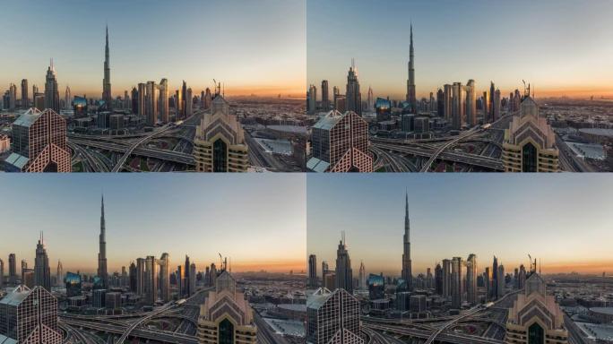 阿联酋迪拜日落时迪拜天际线的鸟瞰图