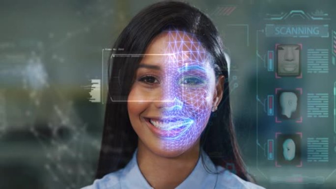 未来和技术对美女面部的扫描进行面部识别和扫描，以确保人身安全