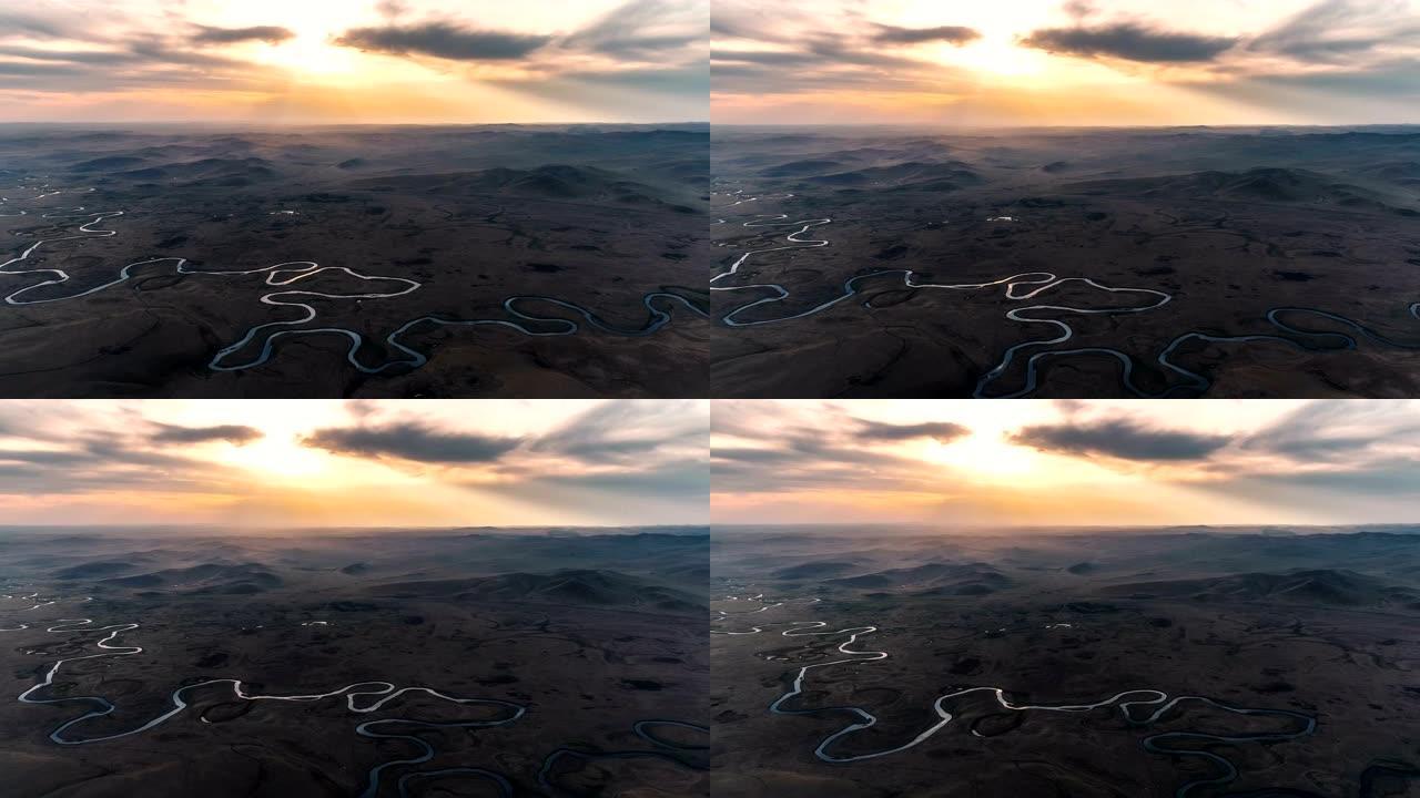 内蒙古鸟瞰图太阳光束弯弯曲曲的小河