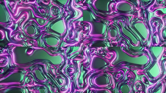 抽象发光3d渲染全息油面背景，箔波浪形表面，波浪和波纹，紫外线现代光，霓虹蓝色粉色光谱颜色。无缝循环