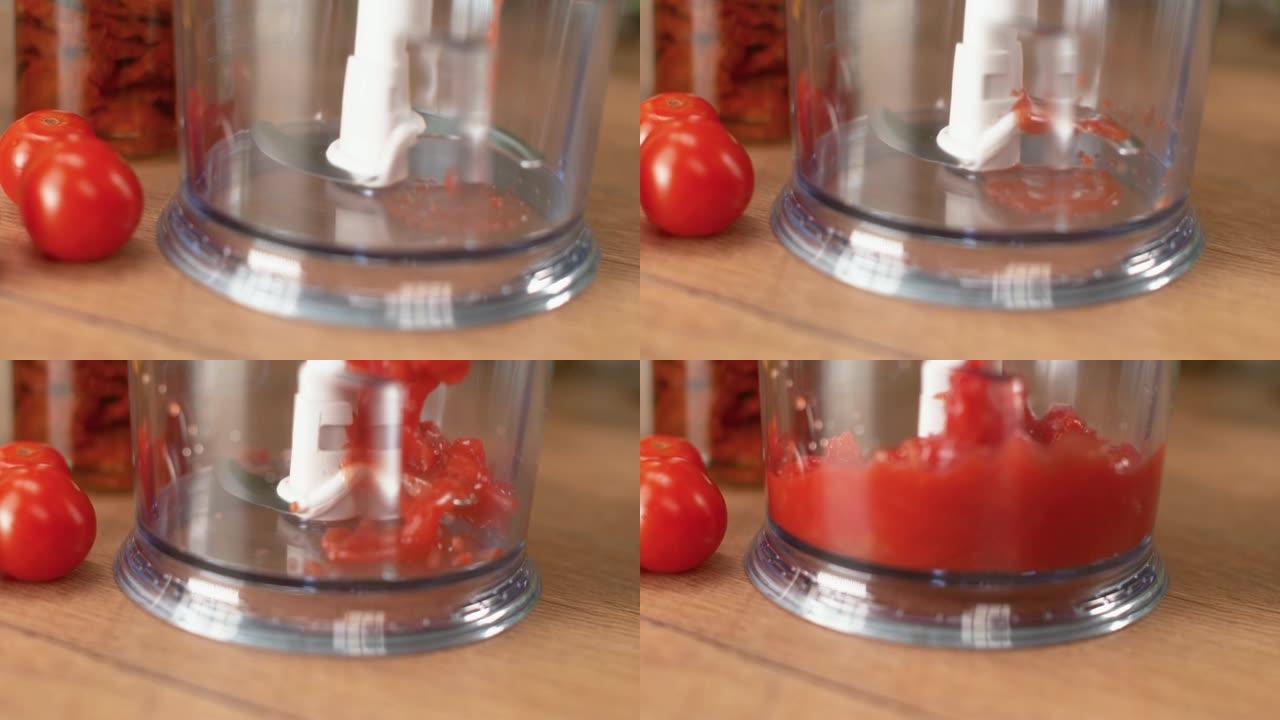 慢动作: 将番茄酱罐头倒入厨房搅拌机中。